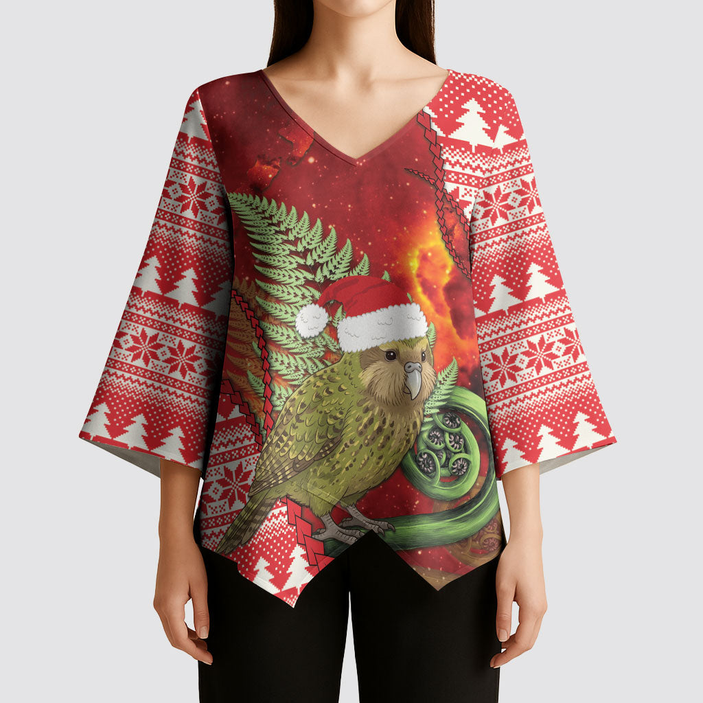 New Zealand Kakapo Christmas In July Kimono Sleeve Blouse Silver Fern Santa Xmas Red Color LT22 - Polynesian Pride