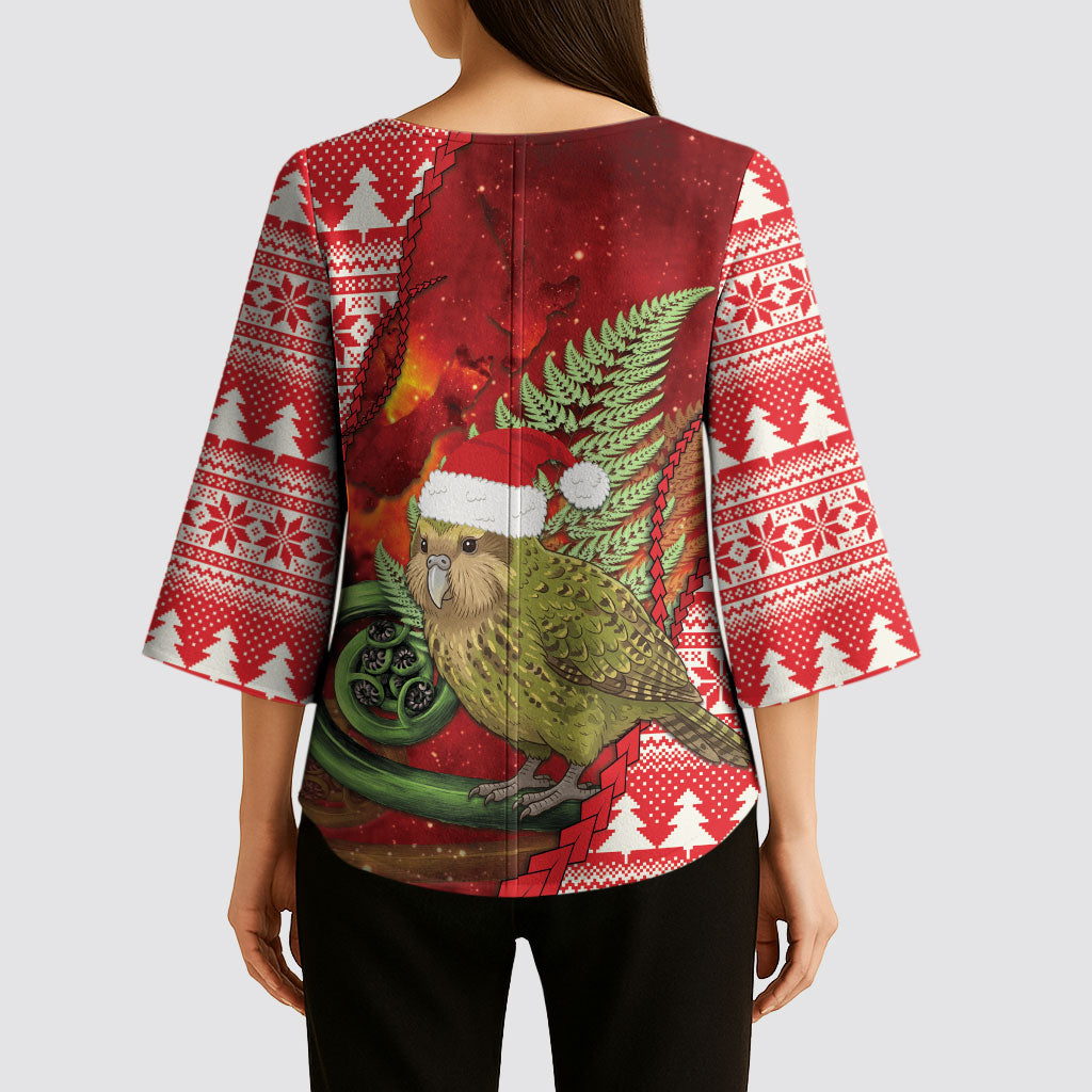 New Zealand Kakapo Christmas In July Kimono Sleeve Blouse Silver Fern Santa Xmas Red Color LT22 - Polynesian Pride
