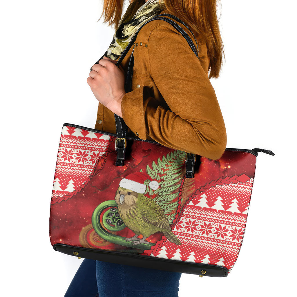 New Zealand Kakapo Christmas In July Leather Tote Bag Silver Fern Santa Xmas Red Color LT22 Red - Polynesian Pride