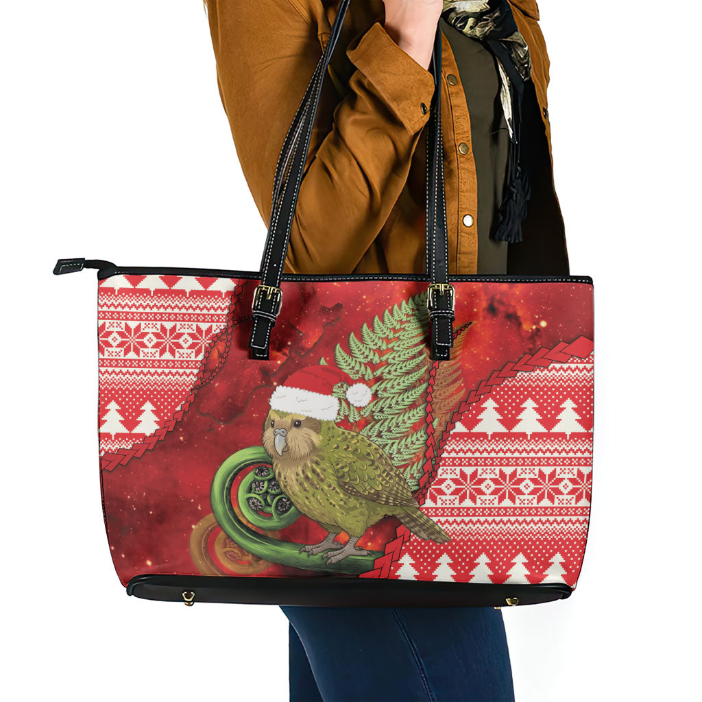 New Zealand Kakapo Christmas In July Leather Tote Bag Silver Fern Santa Xmas Red Color LT22 - Polynesian Pride
