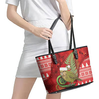 New Zealand Kakapo Christmas In July Leather Tote Bag Silver Fern Santa Xmas Red Color LT22 - Polynesian Pride