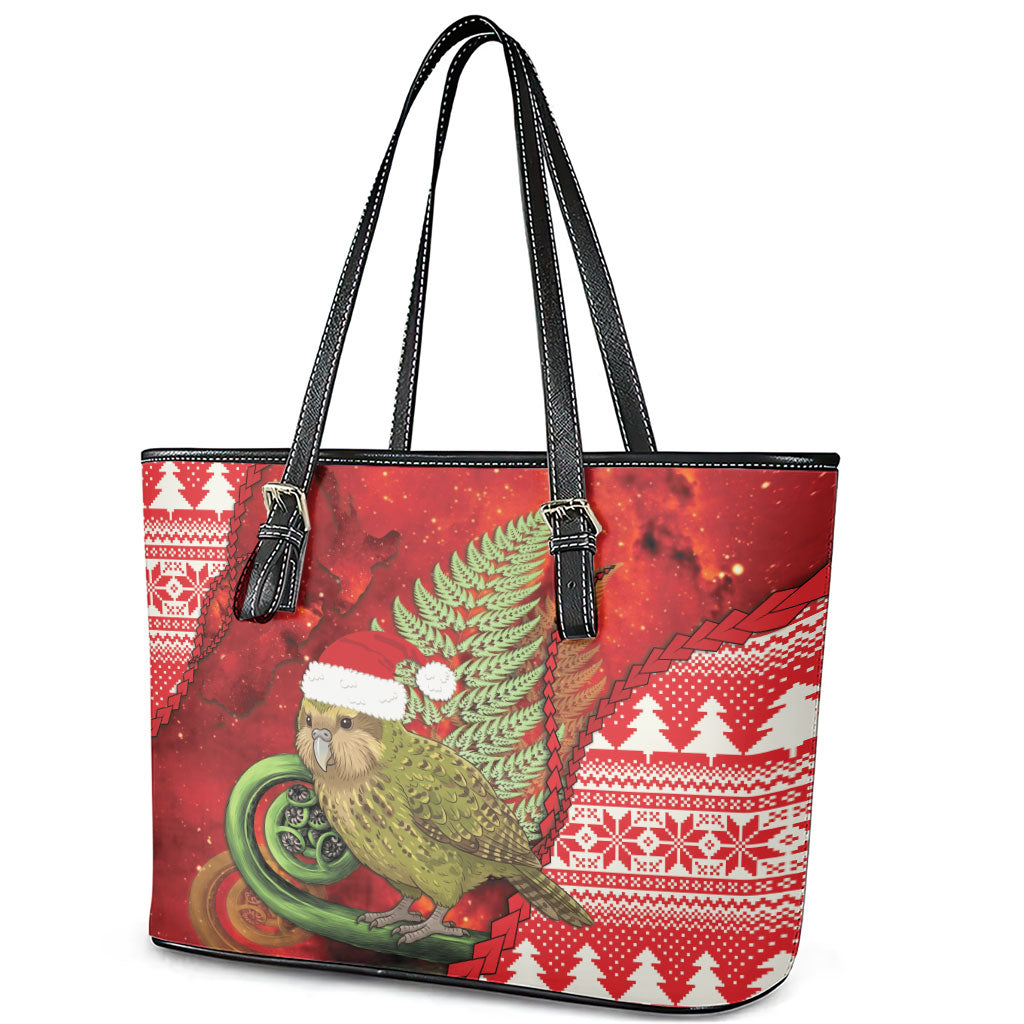 New Zealand Kakapo Christmas In July Leather Tote Bag Silver Fern Santa Xmas Red Color LT22 - Polynesian Pride