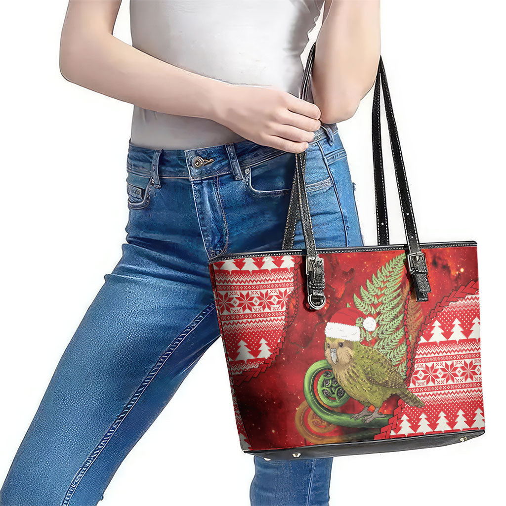 New Zealand Kakapo Christmas In July Leather Tote Bag Silver Fern Santa Xmas Red Color LT22 - Polynesian Pride