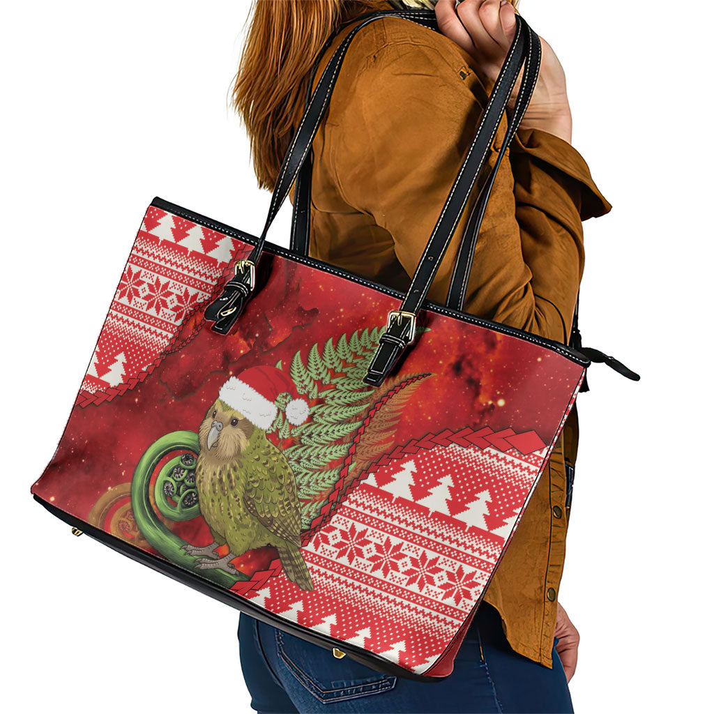 New Zealand Kakapo Christmas In July Leather Tote Bag Silver Fern Santa Xmas Red Color LT22 - Polynesian Pride