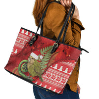 New Zealand Kakapo Christmas In July Leather Tote Bag Silver Fern Santa Xmas Red Color LT22 - Polynesian Pride