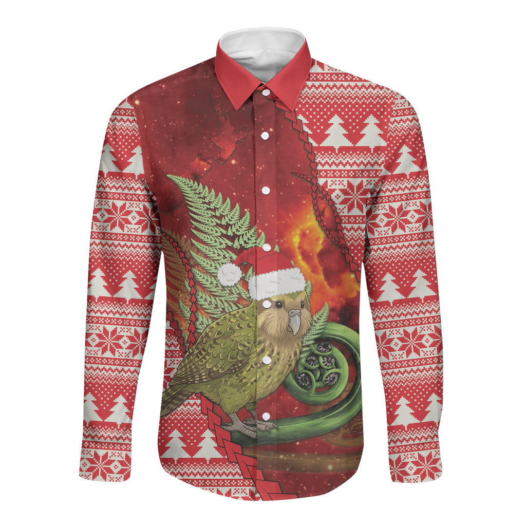 New Zealand Kakapo Christmas In July Long Sleeve Button Shirt Silver Fern Santa Xmas Red Color LT22 Unisex Red - Polynesian Pride