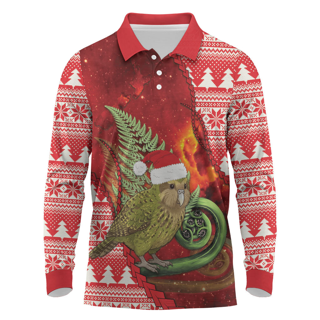 New Zealand Kakapo Christmas In July Long Sleeve Polo Shirt Silver Fern Santa Xmas Red Color LT22 Red - Polynesian Pride
