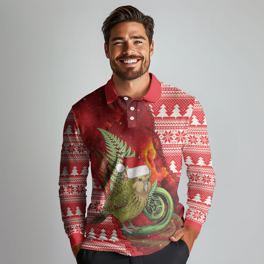New Zealand Kakapo Christmas In July Long Sleeve Polo Shirt Silver Fern Santa Xmas Red Color