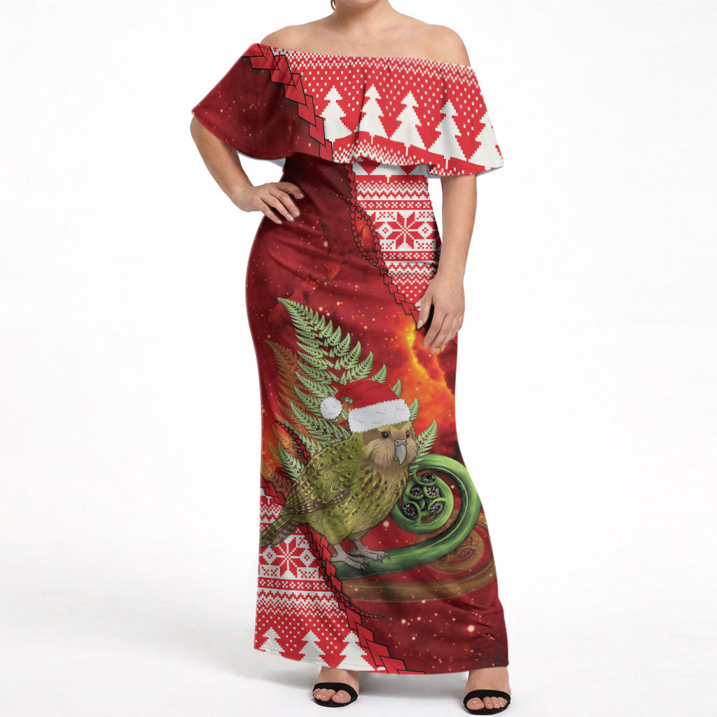 New Zealand Kakapo Christmas In July Off Shoulder Maxi Dress Silver Fern Santa Xmas Red Color LT22 Women Red - Polynesian Pride