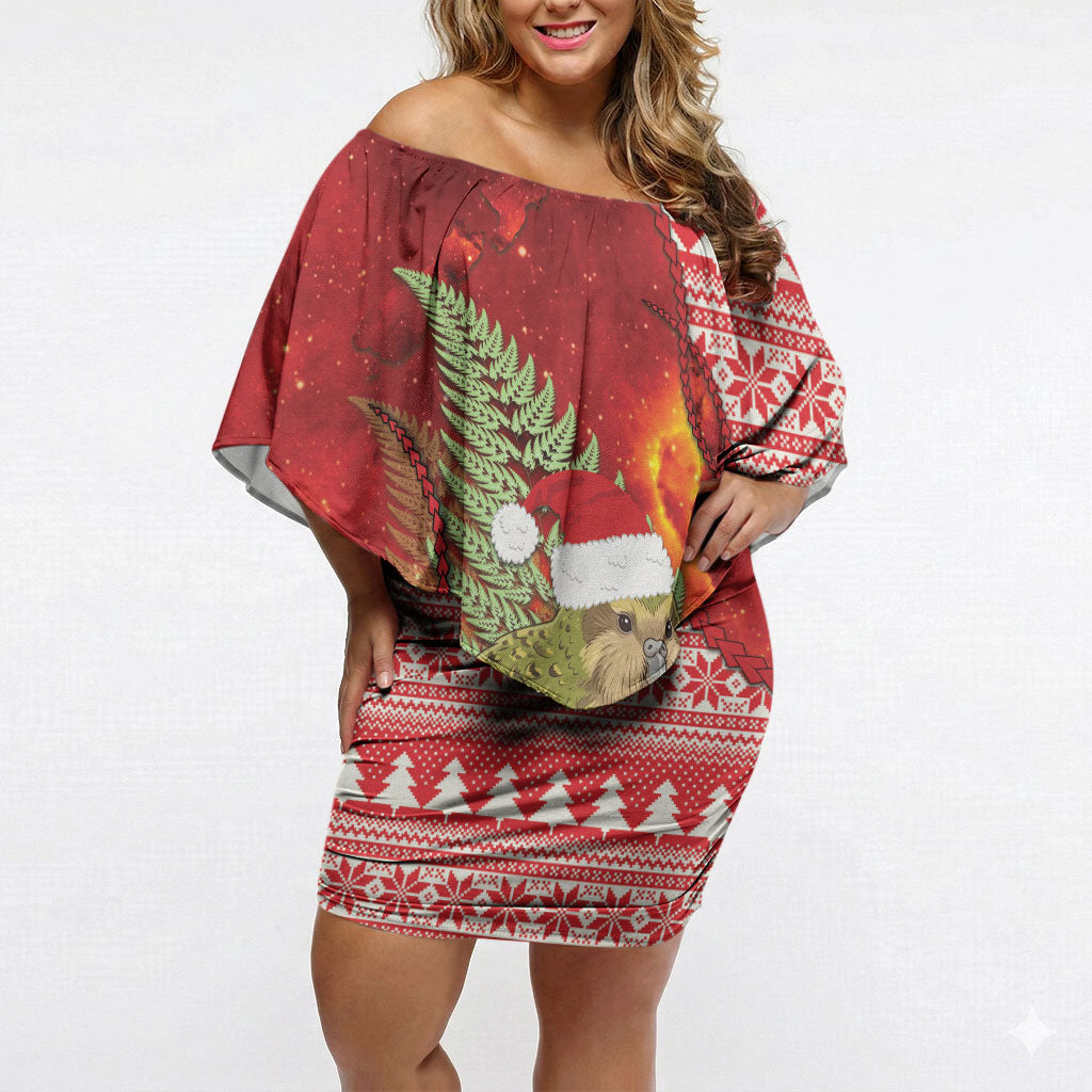 New Zealand Kakapo Christmas In July Off Shoulder Short Dress Silver Fern Santa Xmas Red Color LT22 Women Red - Polynesian Pride