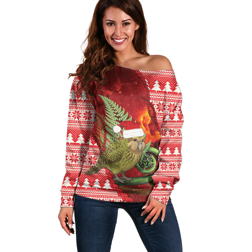 New Zealand Kakapo Christmas In July Off Shoulder Sweater Silver Fern Santa Xmas Red Color LT22 Women Red - Polynesian Pride