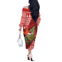 New Zealand Kakapo Christmas In July Off The Shoulder Long Sleeve Dress Silver Fern Santa Xmas Red Color LT22 - Polynesian Pride