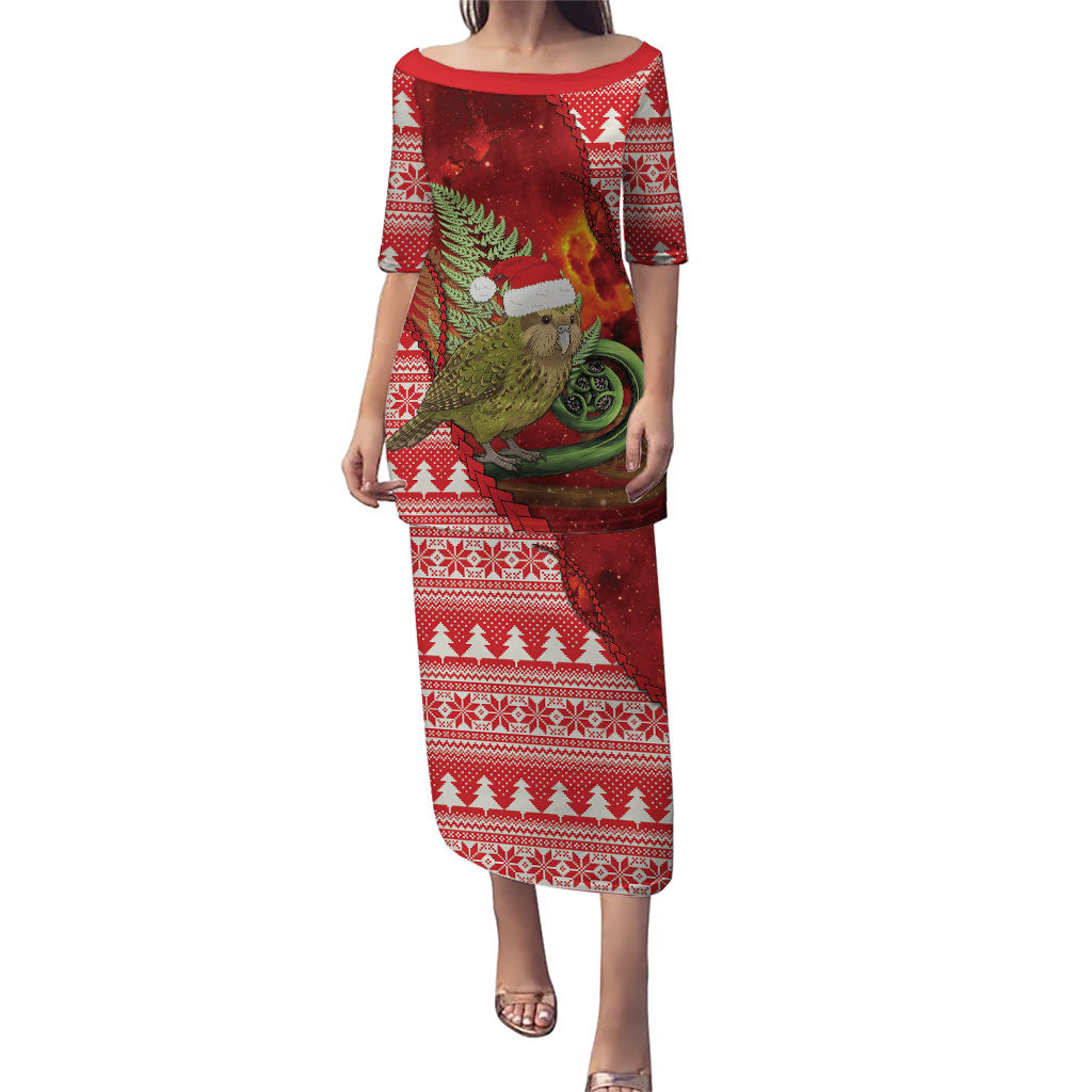 New Zealand Kakapo Christmas In July Puletasi Silver Fern Santa Xmas Red Color LT22 Long Dress Red - Polynesian Pride