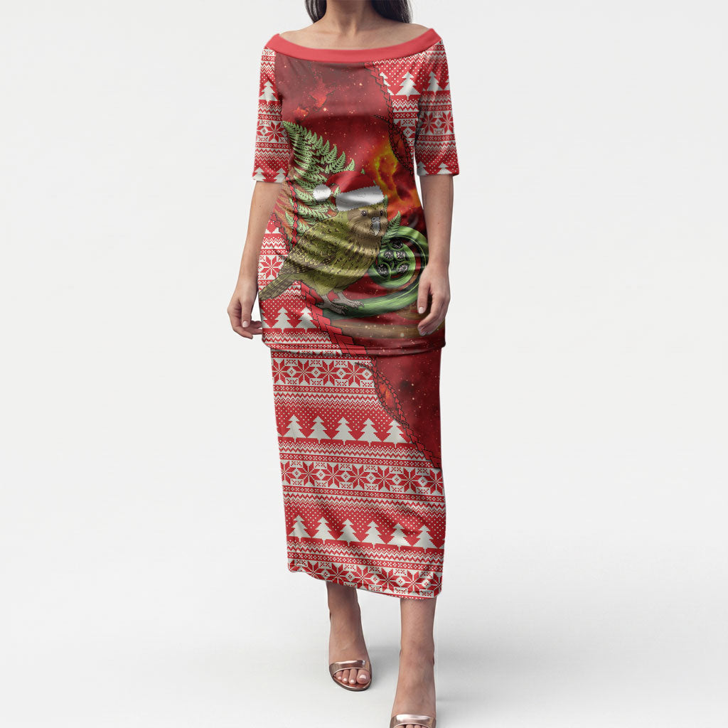 New Zealand Kakapo Christmas In July Puletasi Silver Fern Santa Xmas Red Color LT22 Long Dress Red - Polynesian Pride
