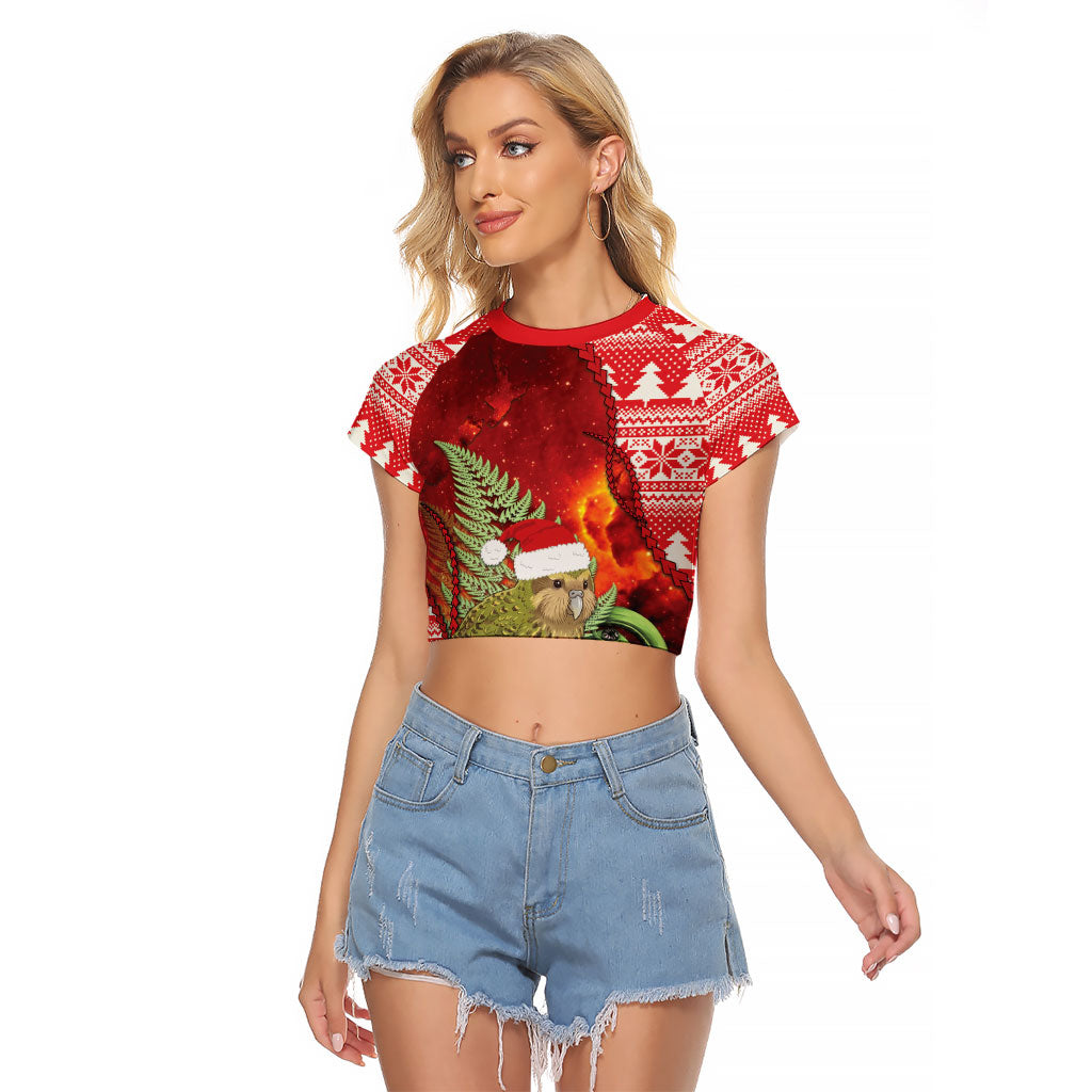New Zealand Kakapo Christmas In July Raglan Cropped T Shirt Silver Fern Santa Xmas Red Color LT22 Female Red - Polynesian Pride
