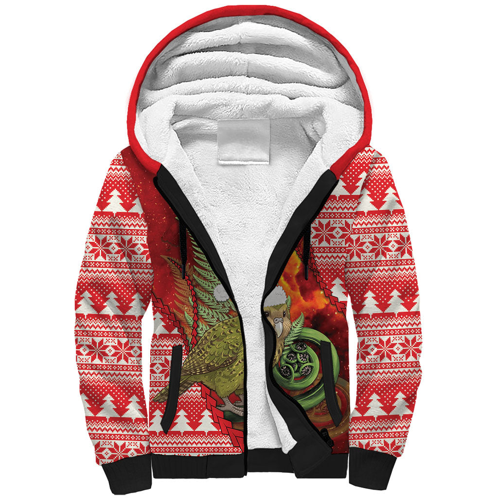 New Zealand Kakapo Christmas In July Sherpa Hoodie Silver Fern Santa Xmas Red Color LT22 Unisex Red - Polynesian Pride