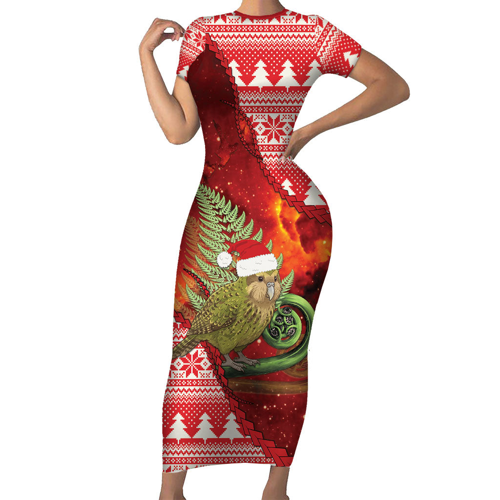 New Zealand Kakapo Christmas In July Short Sleeve Bodycon Dress Silver Fern Santa Xmas Red Color