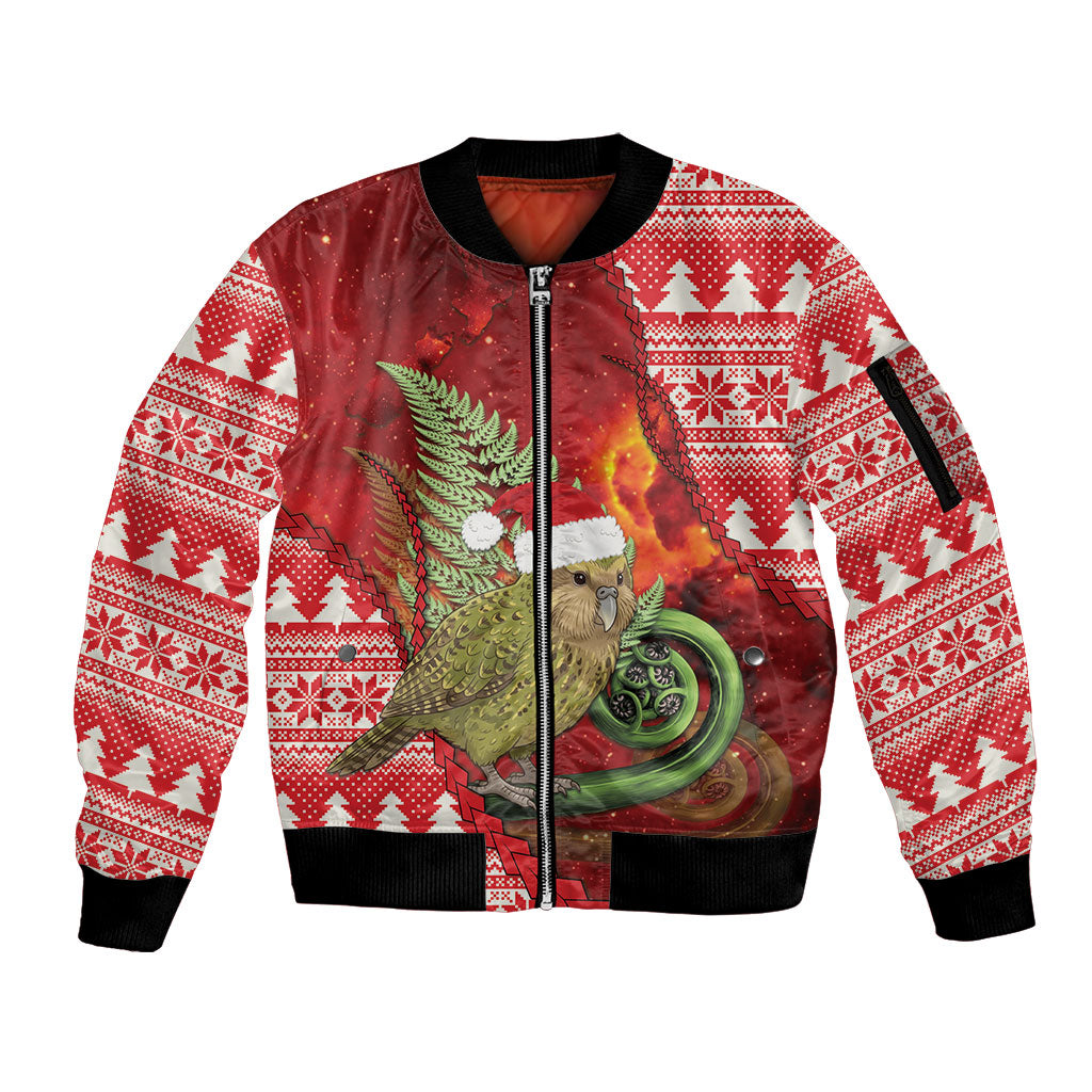 New Zealand Kakapo Christmas In July Sleeve Zip Bomber Jacket Silver Fern Santa Xmas Red Color LT22 Unisex Red - Polynesian Pride