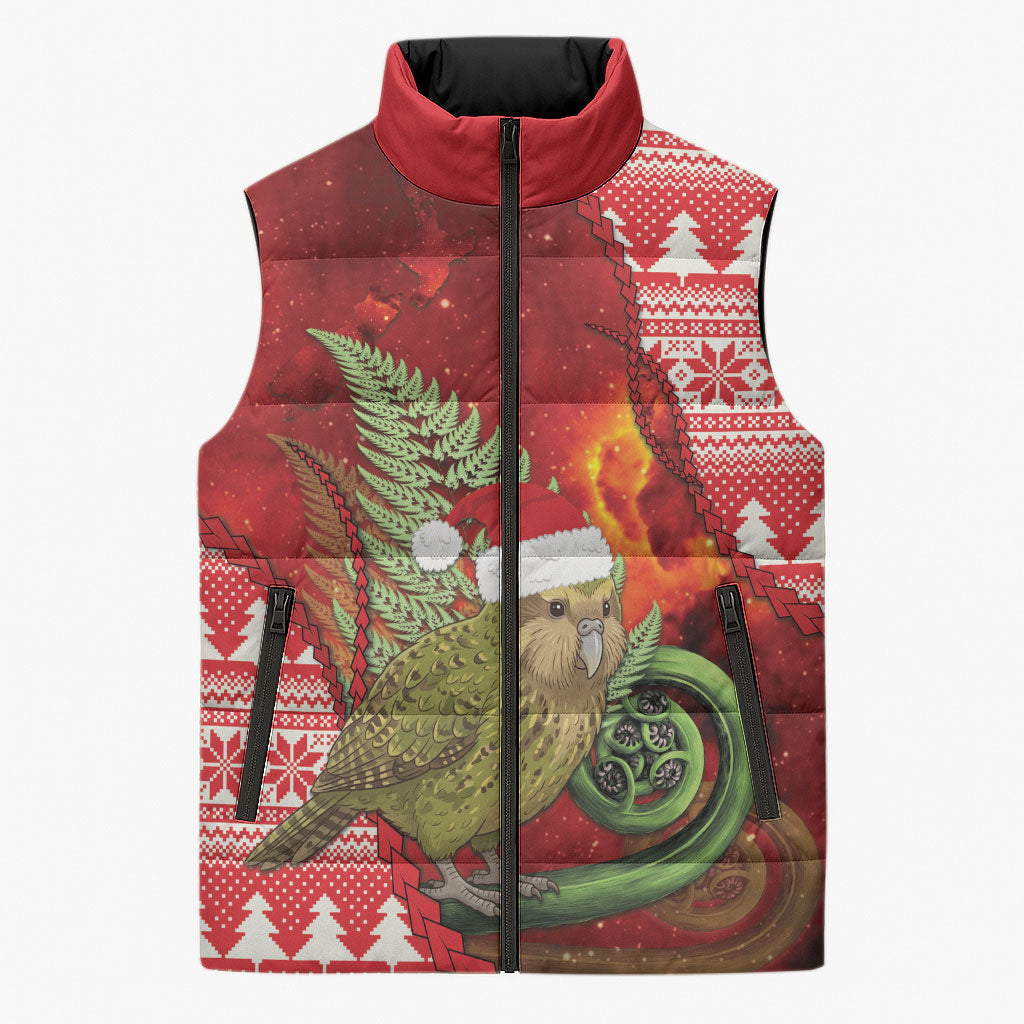 New Zealand Kakapo Christmas In July Sleeveless Puffer Jacket Silver Fern Santa Xmas Red Color LT22 Unisex Red - Polynesian Pride