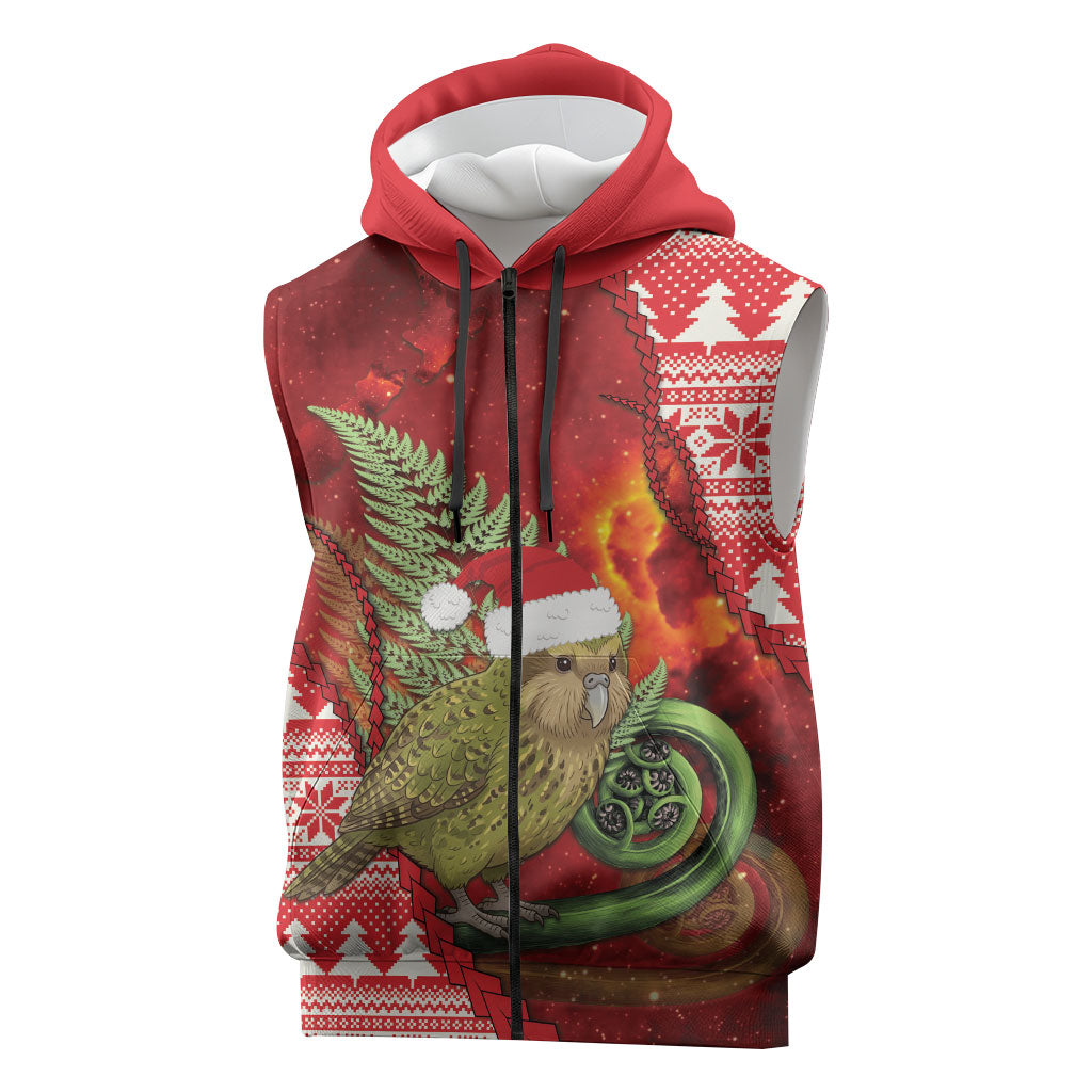 New Zealand Kakapo Christmas In July Sleeveless Zip Hoodie Silver Fern Santa Xmas Red Color LT22 Red - Polynesian Pride