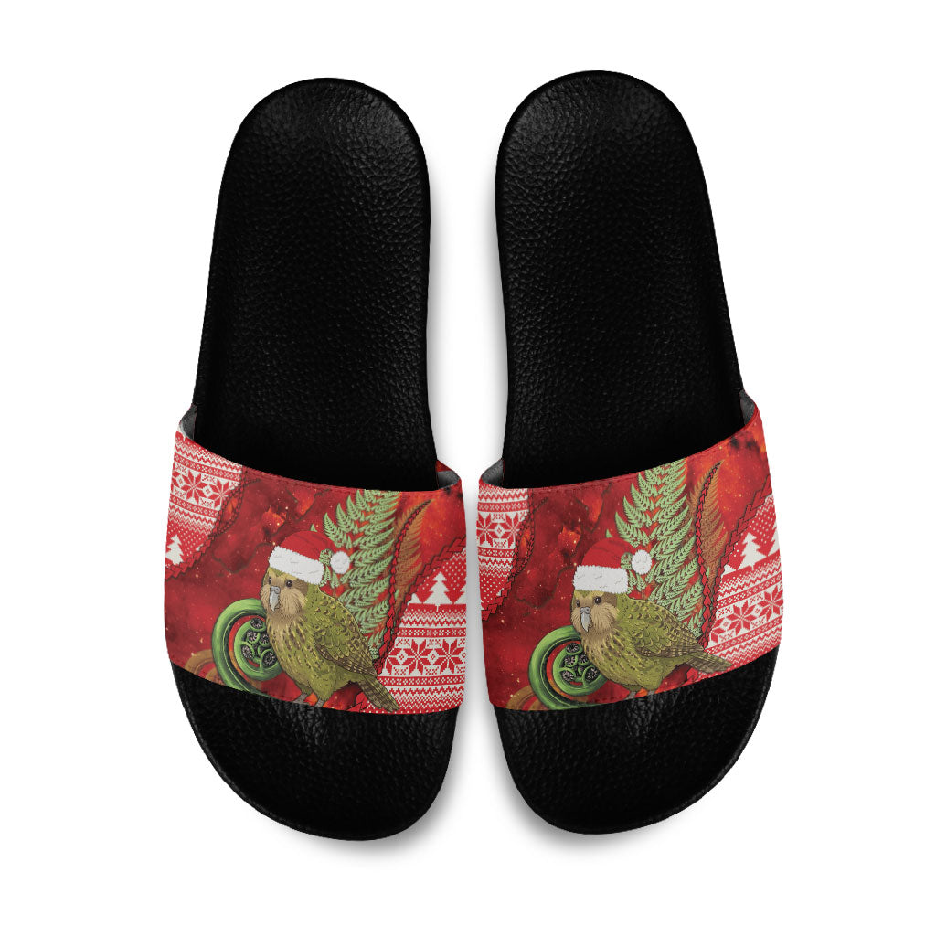 New Zealand Kakapo Christmas In July Slide Sandals Silver Fern Santa Xmas Red Color LT22 Red - Polynesian Pride