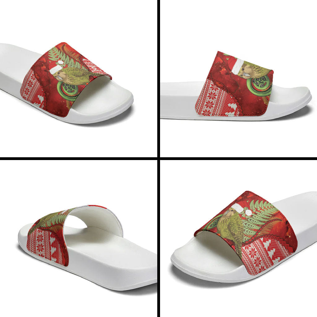 New Zealand Kakapo Christmas In July Slide Sandals Silver Fern Santa Xmas Red Color LT22 - Polynesian Pride