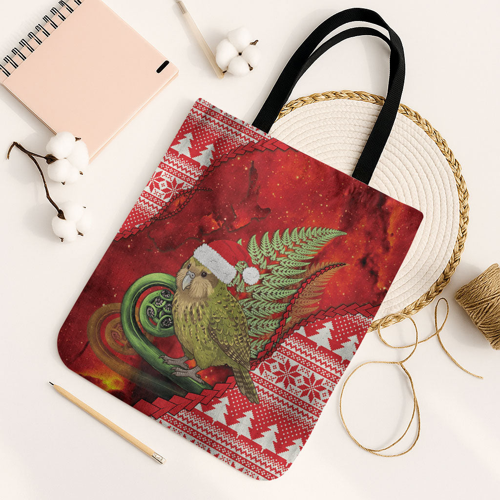 New Zealand Kakapo Christmas In July Tote Bag Silver Fern Santa Xmas Red Color LT22 Black Strap One Size Red - Polynesian Pride