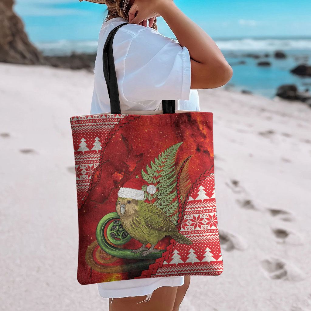 New Zealand Kakapo Christmas In July Tote Bag Silver Fern Santa Xmas Red Color LT22 - Polynesian Pride