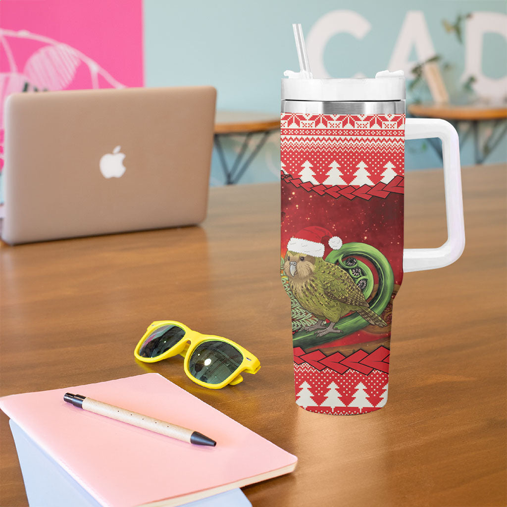 New Zealand Kakapo Christmas In July Tumbler With Handle Silver Fern Santa Xmas Red Color LT22 - Polynesian Pride