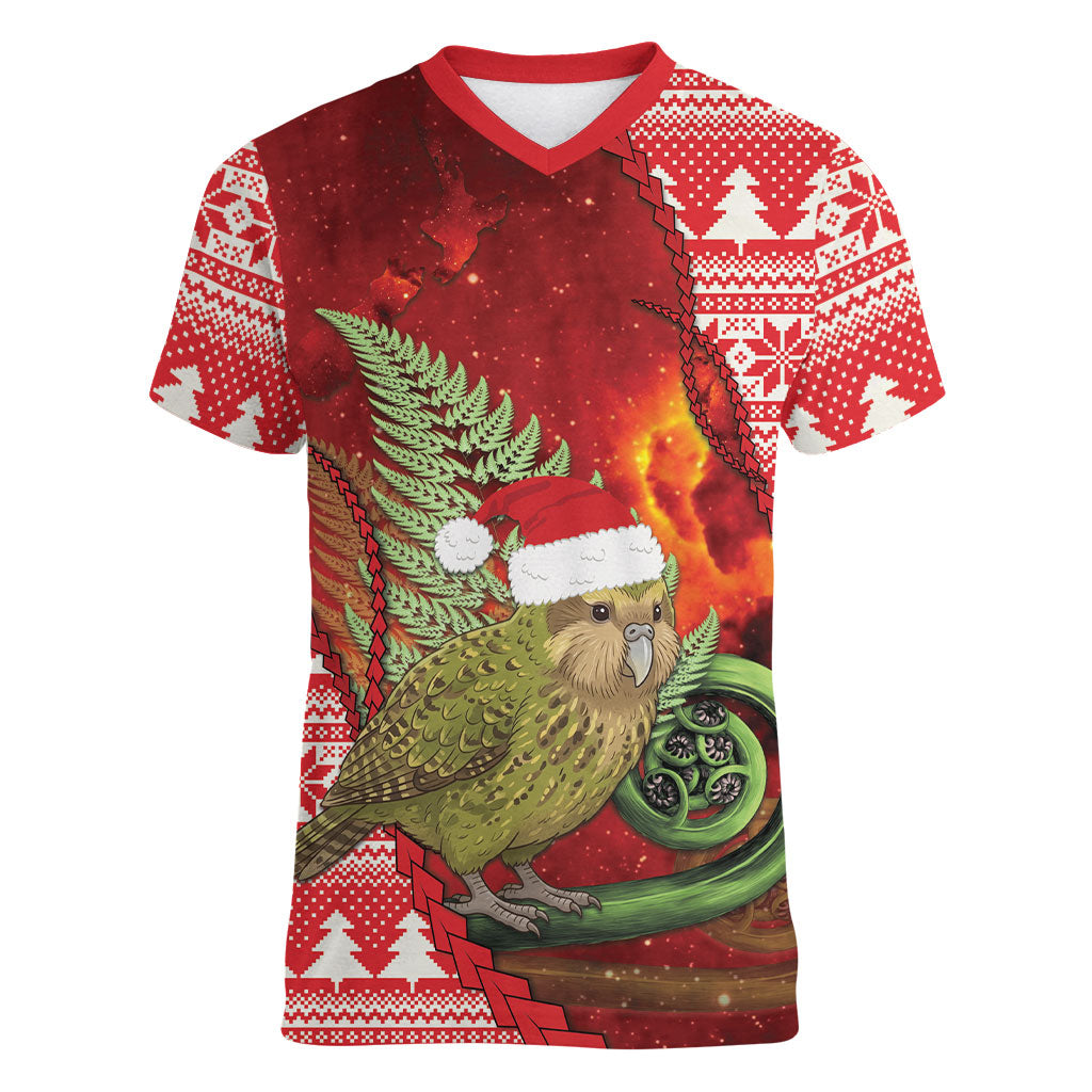 New Zealand Kakapo Christmas In July Women V-Neck T-Shirt Silver Fern Santa Xmas Red Color LT22 Female Red - Polynesian Pride