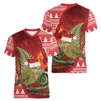 New Zealand Kakapo Christmas In July Women V-Neck T-Shirt Silver Fern Santa Xmas Red Color