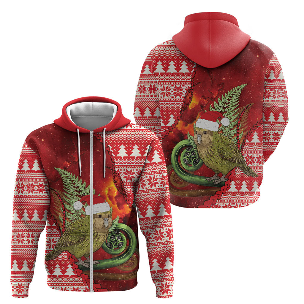 New Zealand Kakapo Christmas In July Zip Hoodie Silver Fern Santa Xmas Red Color LT22 - Polynesian Pride