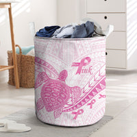 Breast Cancer Awareness Laundry Basket Pink Ribbon Turtle Polynesian Pattern White