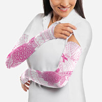 Breast Cancer Awareness Personalised Arm Sleeves Pink Ribbon Turtle Polynesian Pattern White