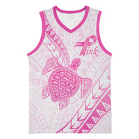 Breast Cancer Awareness Personalised Basketball Jersey Pink Ribbon Turtle Polynesian Pattern White