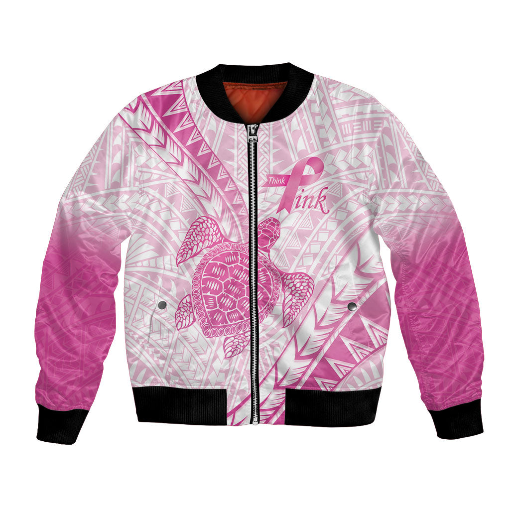 Breast Cancer Awareness Personalised Bomber Jacket Pink Ribbon Turtle Polynesian Pattern White