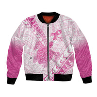 Breast Cancer Awareness Personalised Bomber Jacket Pink Ribbon Turtle Polynesian Pattern White