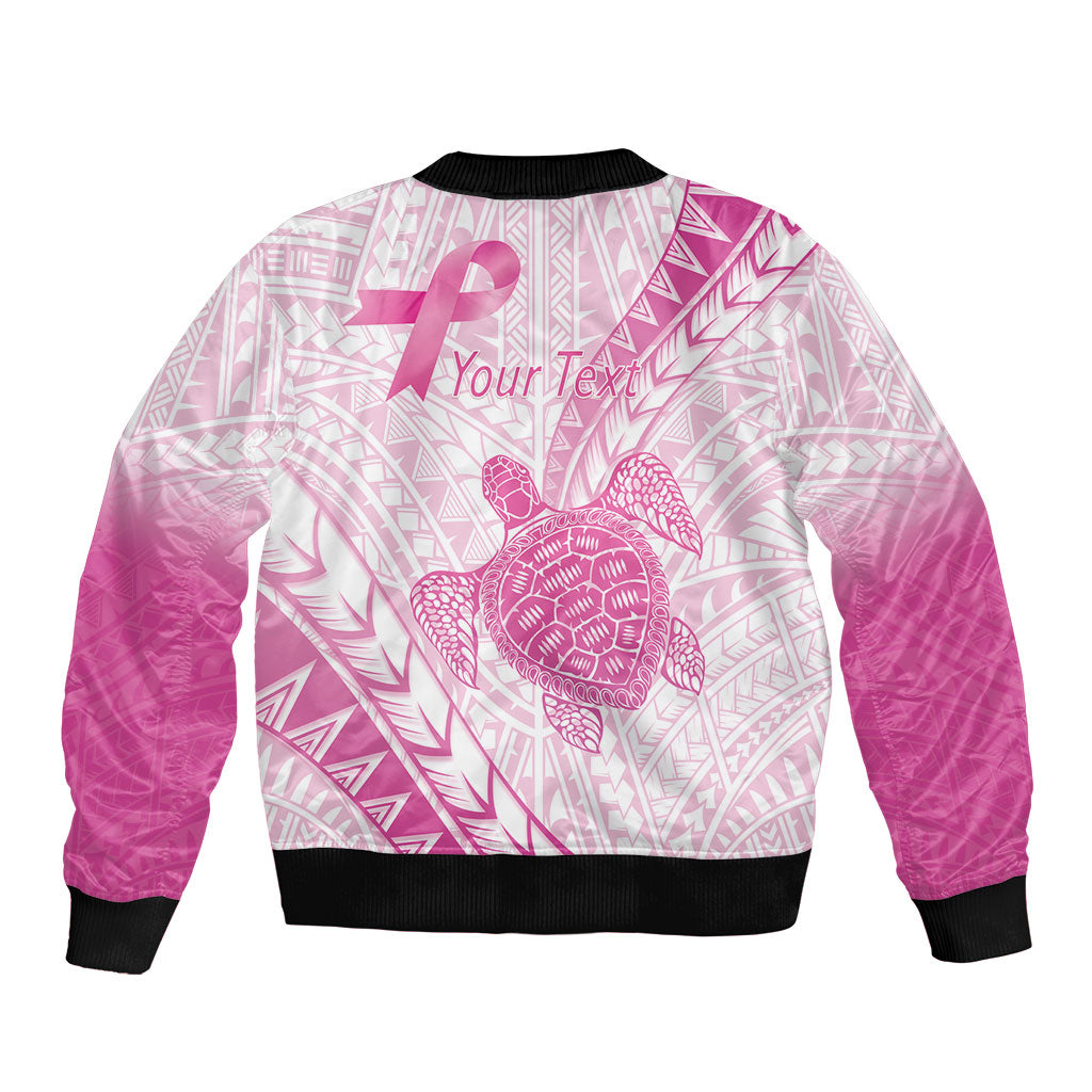 Breast Cancer Awareness Personalised Bomber Jacket Pink Ribbon Turtle Polynesian Pattern White