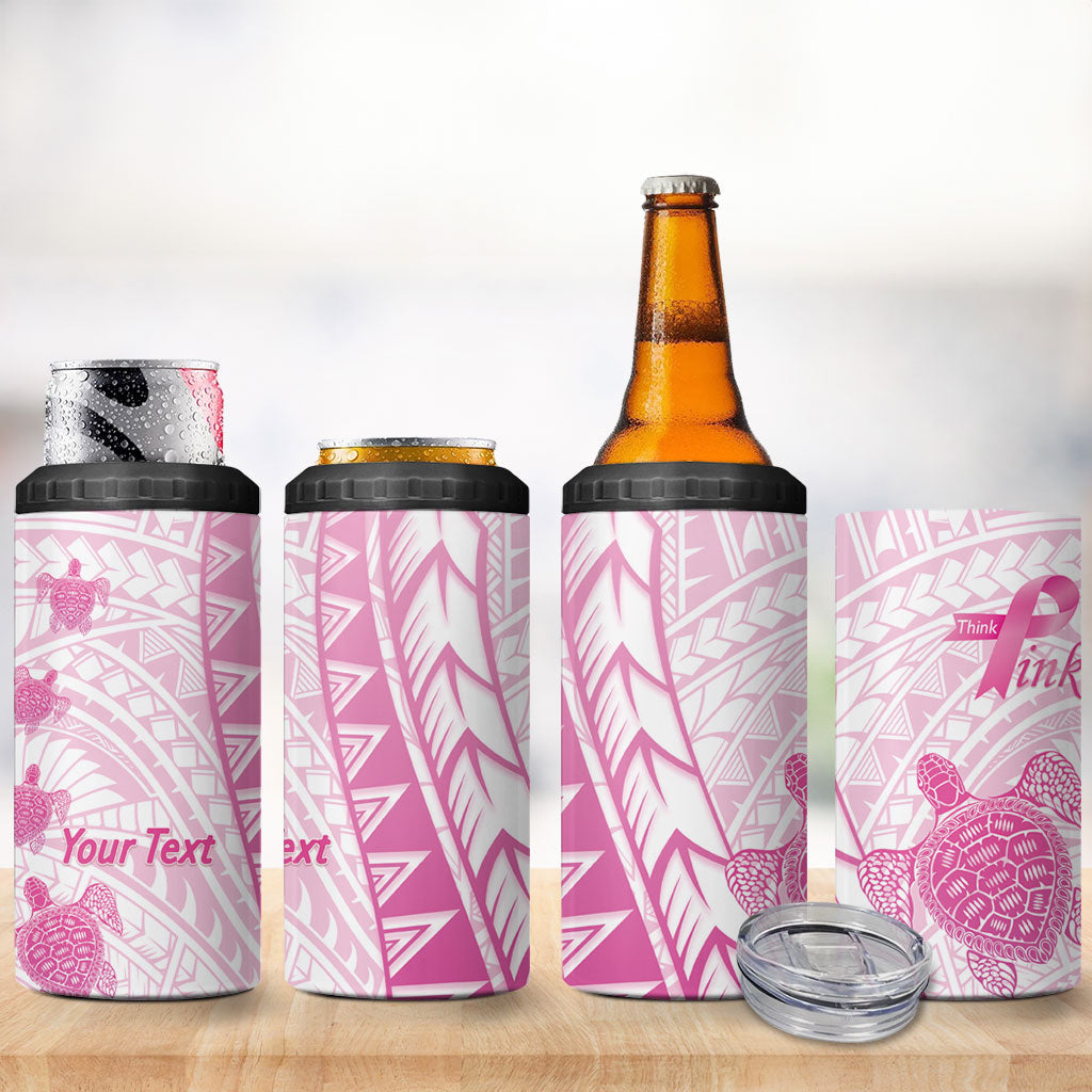 Breast Cancer Awareness Personalised 4 in 1 Can Cooler Tumbler Pink Ribbon Turtle Polynesian Pattern White LT22 - Polynesian Pride