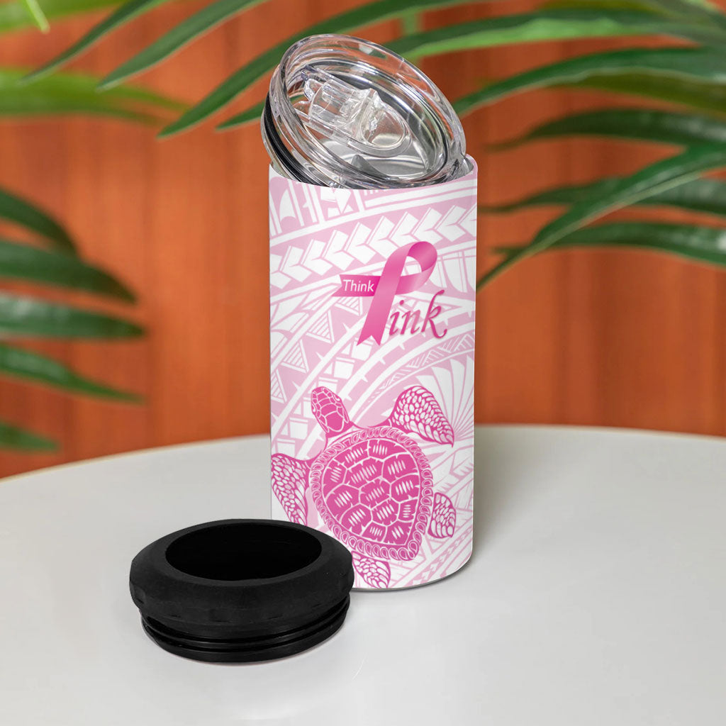 Breast Cancer Awareness Personalised 4 in 1 Can Cooler Tumbler Pink Ribbon Turtle Polynesian Pattern White LT22 - Polynesian Pride