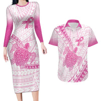 Breast Cancer Awareness Personalised Couples Matching Long Sleeve Bodycon Dress and Hawaiian Shirt Pink Ribbon Turtle Polynesian Pattern White LT22 Pink - Polynesian Pride