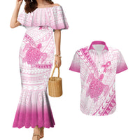 Breast Cancer Awareness Personalised Couples Matching Mermaid Dress and Hawaiian Shirt Pink Ribbon Turtle Polynesian Pattern White LT22 Pink - Polynesian Pride