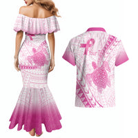 Breast Cancer Awareness Personalised Couples Matching Mermaid Dress and Hawaiian Shirt Pink Ribbon Turtle Polynesian Pattern White LT22 - Polynesian Pride