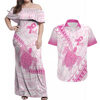 Breast Cancer Awareness Personalised Couples Matching Off Shoulder Maxi Dress and Hawaiian Shirt Pink Ribbon Turtle Polynesian Pattern White LT22 Pink - Polynesian Pride