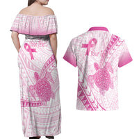 Breast Cancer Awareness Personalised Couples Matching Off Shoulder Maxi Dress and Hawaiian Shirt Pink Ribbon Turtle Polynesian Pattern White LT22 - Polynesian Pride