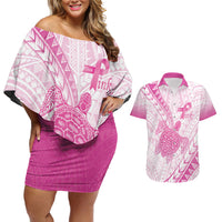 Breast Cancer Awareness Personalised Couples Matching Off Shoulder Short Dress and Hawaiian Shirt Pink Ribbon Turtle Polynesian Pattern White LT22 Pink - Polynesian Pride