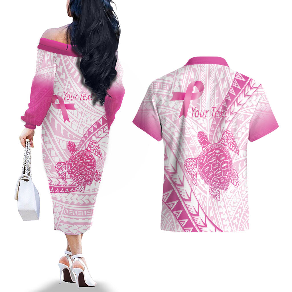 Breast Cancer Awareness Personalised Couples Matching Off The Shoulder Long Sleeve Dress and Hawaiian Shirt Pink Ribbon Turtle Polynesian Pattern White LT22 - Polynesian Pride