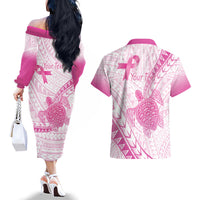 Breast Cancer Awareness Personalised Couples Matching Off The Shoulder Long Sleeve Dress and Hawaiian Shirt Pink Ribbon Turtle Polynesian Pattern White LT22 - Polynesian Pride