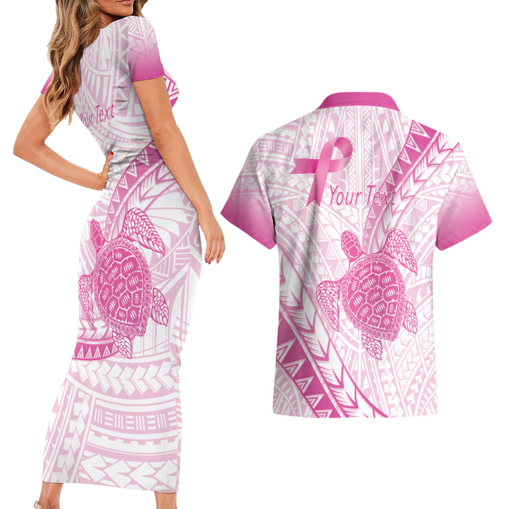 Breast Cancer Awareness Personalised Couples Matching Short Sleeve Bodycon Dress and Hawaiian Shirt Pink Ribbon Turtle Polynesian Pattern White LT22 - Polynesian Pride