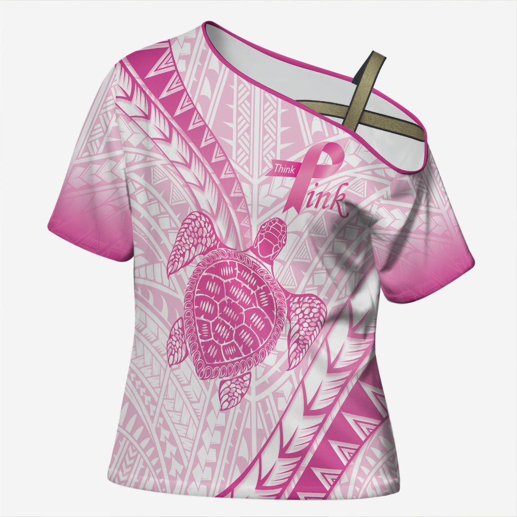 Breast Cancer Awareness Personalised Cross Shoulder Shirt Pink Ribbon Turtle Polynesian Pattern White